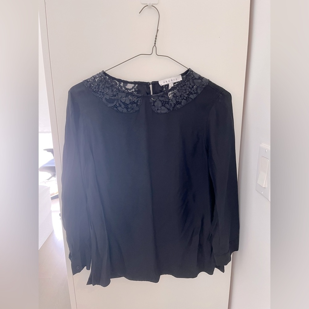 Sandro silk black top blouse, with lace neckline, size 1, 3/4 sleeves